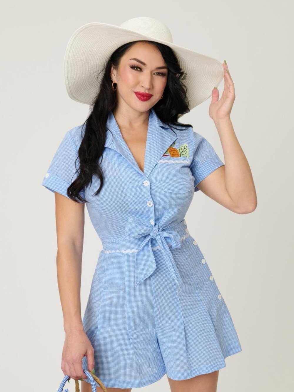 Unique Vintage Blue Gingham Veggie Top & Matching High Waist Shorts NWT - SZ XS